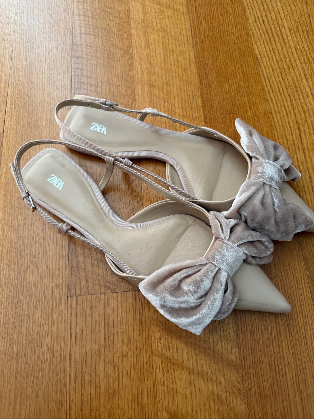 Zara Beige Velvet Bow Slingback Heels
